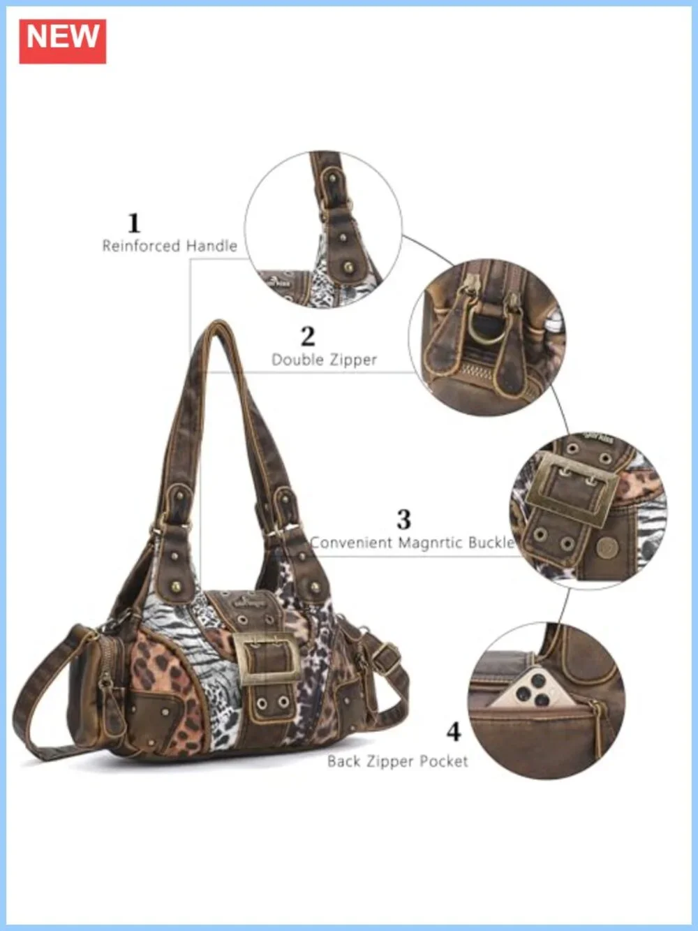 Angel Kiss Hobo Bag Vegan Leather Shoulder Crossbody Purse Multi-Pocket